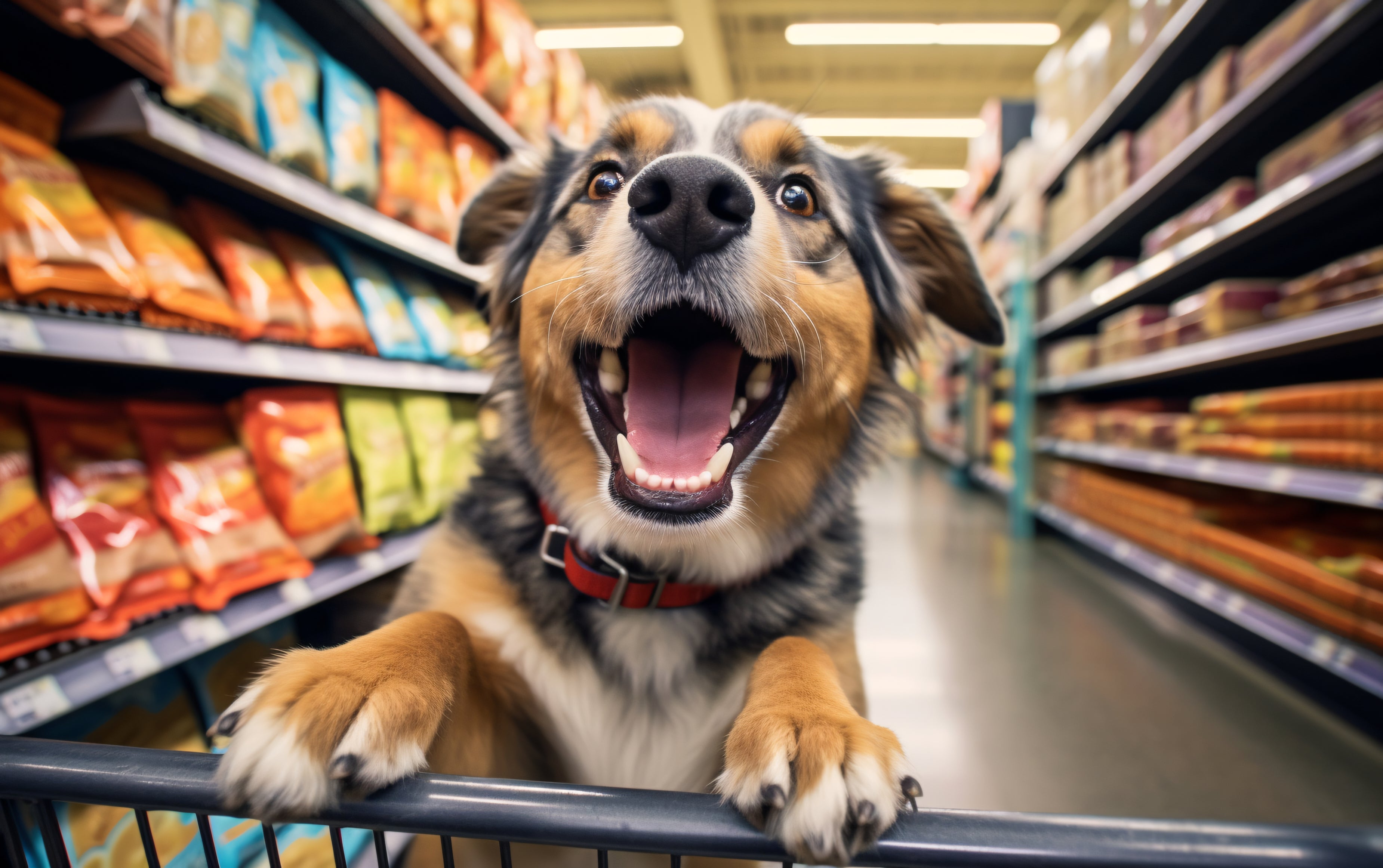 Australian Shepherd on a shopping kart smiling.